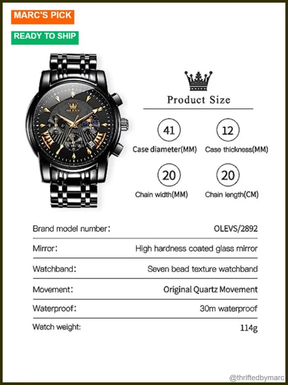 Stainless Steel Chronograph Watch with Calendar Quartz Movement Luminous
